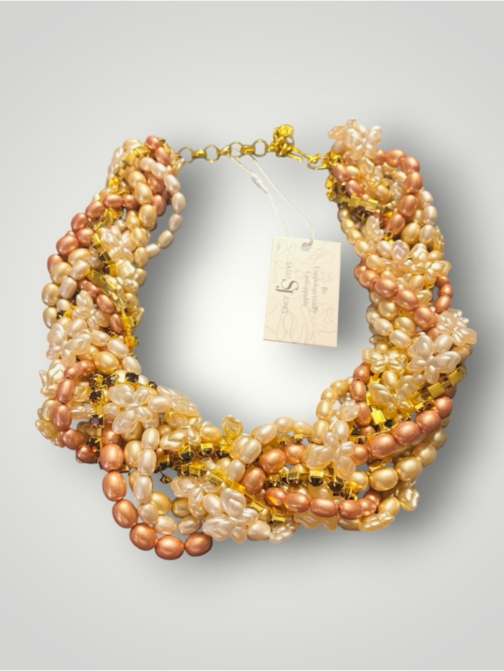 Sassy Jones Twiana Braided Bib - Champagne Faux Pearl